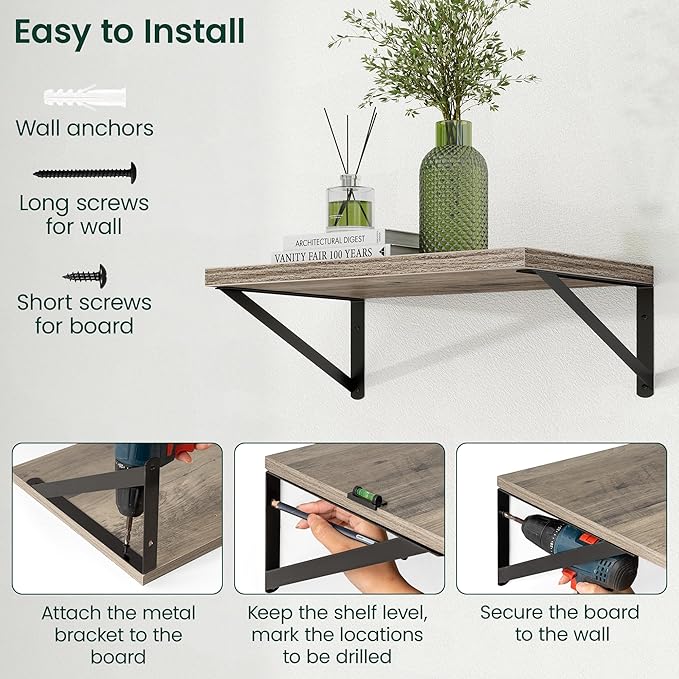 Floating Shelves, 12 Inch Deep Rustic Wood Wall Storage, 24W x 12D Wall Shelves Set of 2, Heavy Duty Metal Brackets, Large Industrial Book Shelf for Living Room, Kitchen, Bedroom, Grey