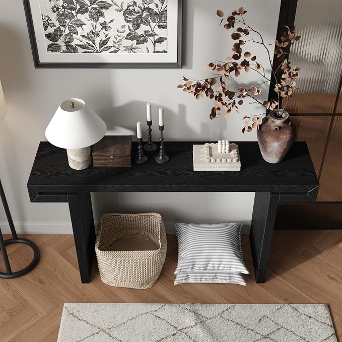 Wood Console Table, 60" Retro Long Sofa Table Behind Couch with Real Wood Veneered, Farmhouse Wooden Narrow Sofa Table Hall Table for Living Room Foyer Entrance Entryway, Black