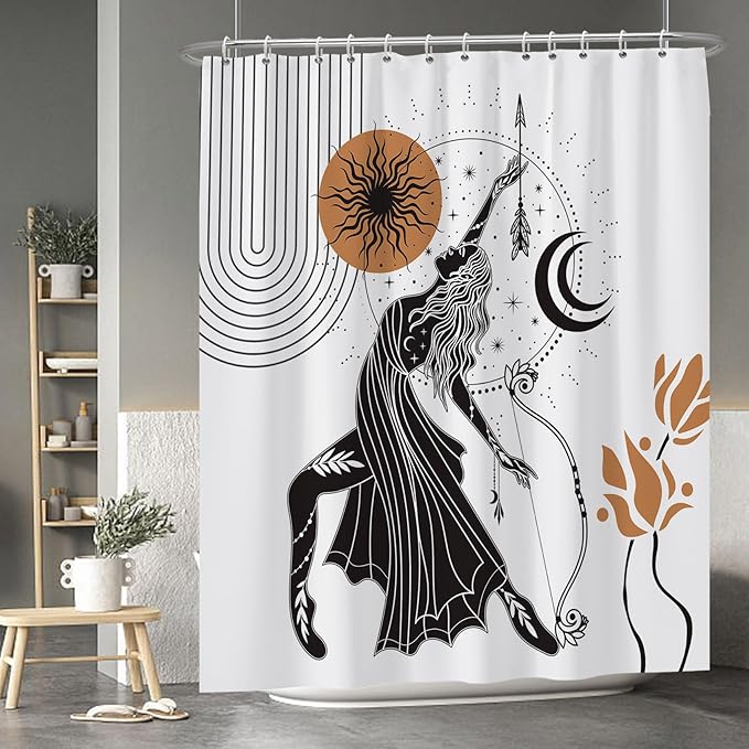 Baocicco Boho Shower Curtain Sun Moon Women Bow and Arrow Plants Modern Geometric Shower Curtains Decorative for Bathroom Waterproof Fabric Shower Curtain with Hooks 72x84 Inches