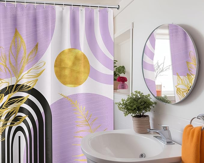 Mid Century Modern Black and Purple Shower Curtain Boho Lavender Light Purple and Gold Shower Curtains for Girls Bathroom Decor Sets, Waterproof Cloth Fabric with Hooks, 60x72in