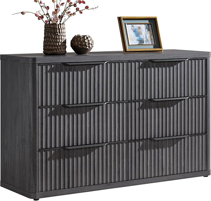 SICOTAS Dresser for Bedroom 53.5" Wide 6 Drawer Dressers & Chests of Drawers for Closet Long Large Modern TV Stand Set for Clothes Storage Fluted Clothes Closet for Hallway Entryway, Dark Grey Alder