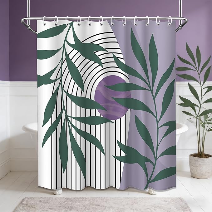 Boho Purple Shower Curtain Light Purple and Green Mid Century Modern Shower Curtains for Bathroom Decor Sets, Waterproof Fabric with Hooks, 70" W x 72" L