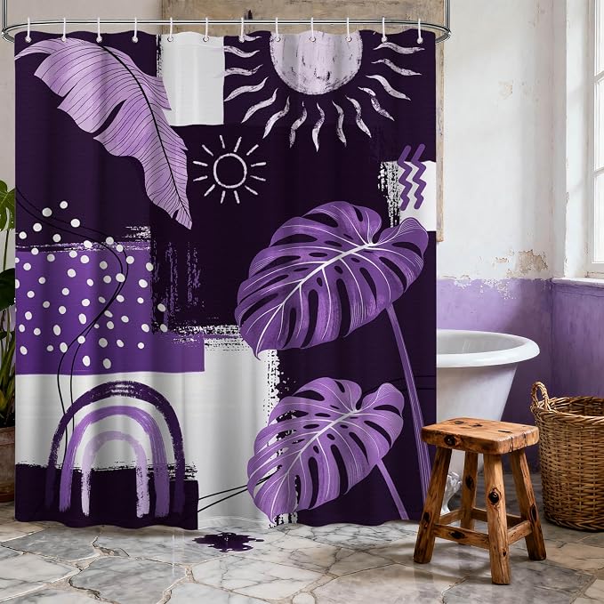 Purple Mid Century Modern Shower Curtain Bohemian Abstract Lavender Shower Curtains for Bathroom Decor Sets, Waterproof Cloth Fabric with Hooks, 60x72 Inch