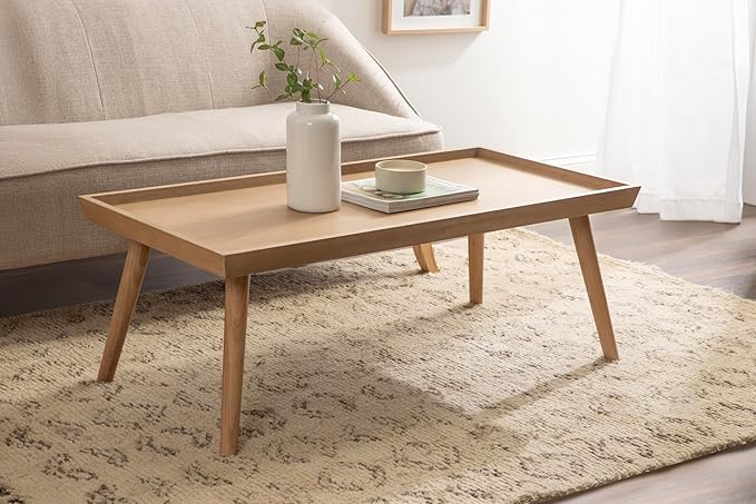 Kate and Laurel Eastmont Rectangle Wood Coffee Table, 46 x 22 x 17, Light Natural, Large Mid-Century Wooden Living Room Table with Stylish Tapered Legs and Adjustable Feet