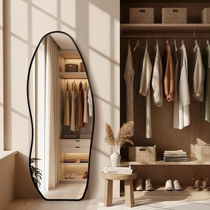 Mirror Full Length - Irregular Full Body Mirror Standing or Leaning or Wall Hanging 63"x 24" Asymmetrical Aviation Aluminum Alloy Frame Unique for Bedroom, Living Room, Cloakroom, Entryway