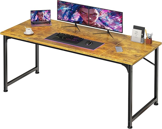 PRAISUN 55 Inch Computer Desk, Home Office Desk with Spacious Desktop, Modern Gaming Desk, Writing Study Table for Bedroom, Small Spaces, Work from Home Desk with Metal Frame, Retro Brown