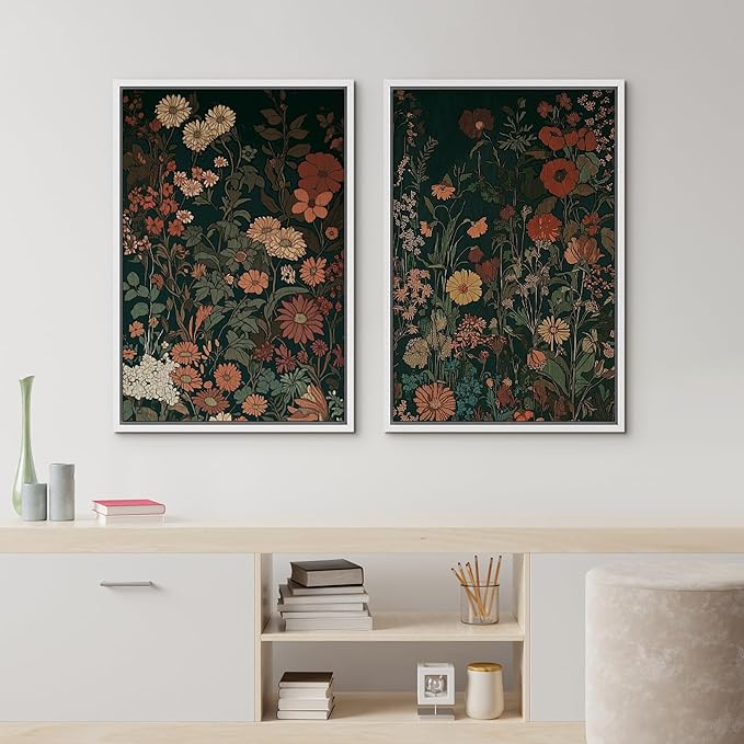 IDEA4WALL Framed Canvas Print Wall Art Set Vintage Wildflower Botanical Dark Green Floral Illustrations Modern Art Decorative Bohemian Calm/Zen for Living Room, Bedroom, Office - 24"x36"x2 White