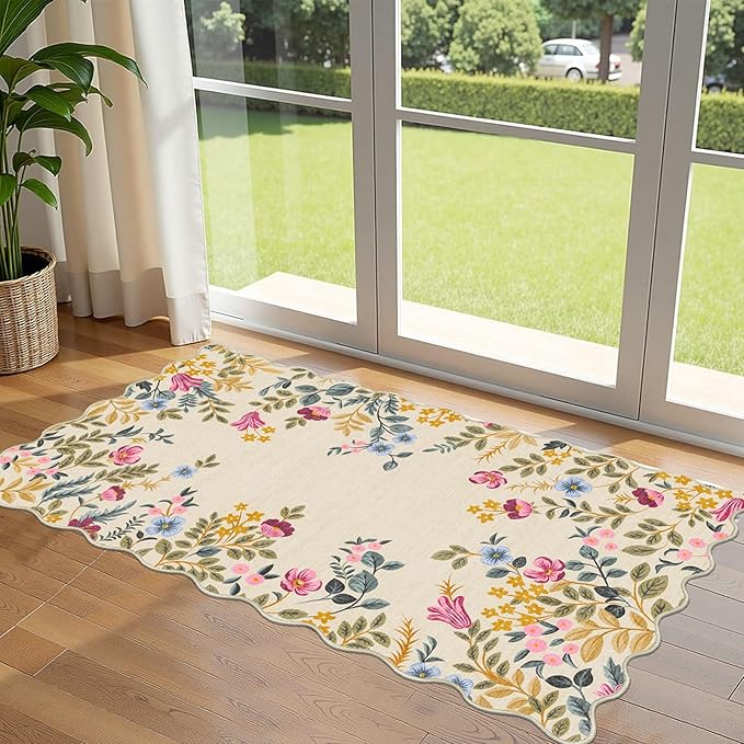 Front Door Mat Indoor Entrance - 2x4.3 Beige Colorful Floral Washable Layered Doormat Outdoor Entrance Porch Rug Non-Slip Boho Runner Rug for Kitchen Hallway Bedroom Laundry Room Porch Decor