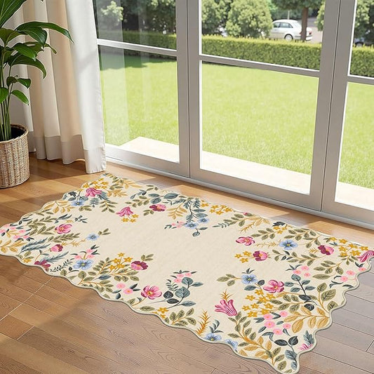 Front Door Mat Indoor Entrance - 2x4.3 Beige Colorful Floral Washable Layered Doormat Outdoor Entrance Porch Rug Non-Slip Boho Runner Rug for Kitchen Hallway Bedroom Laundry Room Porch Decor