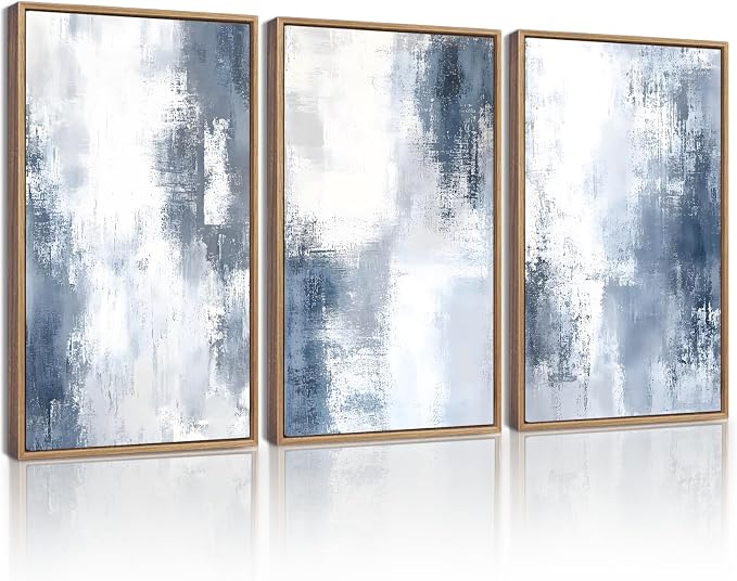 KUVIOKE Navy Blue and Gray Abstract Framed Canvas Wall Art Brush Strokes Block Shape Pastel Wall Decor Modern Minimalist Art Painting Home Decor 12x16in (Natural Framed)