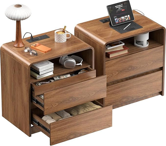 Modern Nightstand Set of 2 23.8" Walnut Nightstands with Hidden Drawers Wood Modern Bedside Table Curved Profile Night Stands for Bedrooms Set of 2