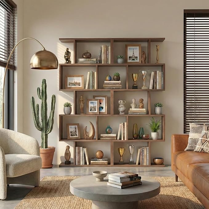 5-Tier Geometric Bookcase (Set of 2), 62.6" Tall S-Shaped Bookshelf & Room Divider, Modern Brown Freestanding Display Shelving Unit for Living Room, Hallway, Home Office