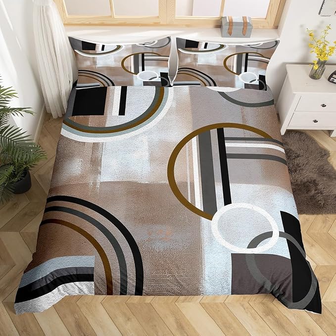 Erosebridal Brown Grey Duvet Cover,Geometric Swirls Comforter Cover for Kids Boys Girls Teens,Ombre Gradient Bedding,Modern Circular Stripes Quilt Cover,Abstract Art Bedspread Cover with Zipper,King