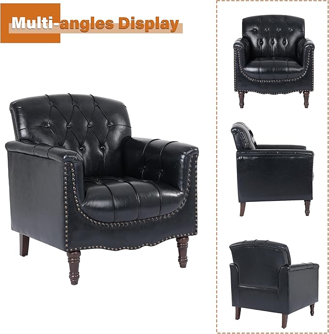 Faux Leather Club Chairs Set of 2, Retro Upholstered Armchair Accent Chair with Solid Wood Legs & Nailhead Trim for Living Room/Reading Room, Blue Black