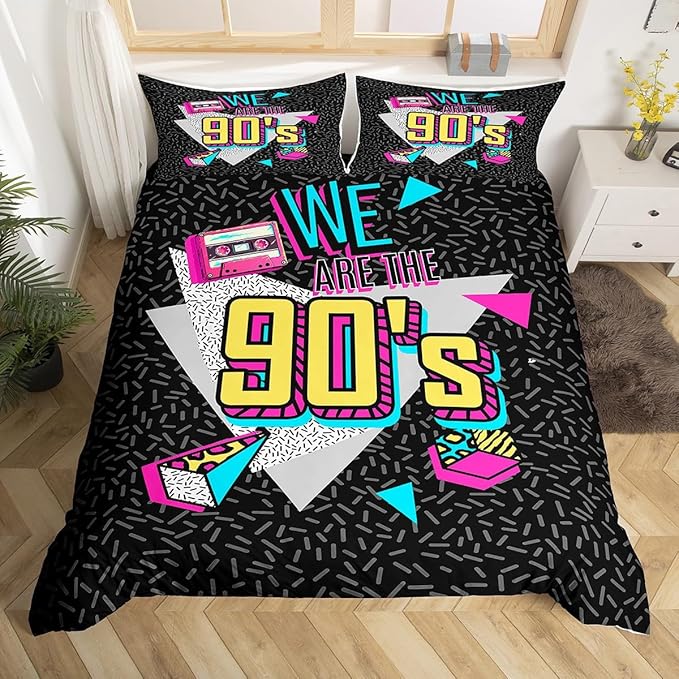 Memphis Duvet Cover Set Queen Size, Retro 90s Fashion Style Comforter Cover with 2 Pillowcases, Geometric Triangle Diamond Bedding Set 3pcs for Kids Boys Lightweight Bedspread Cover,No Comforter