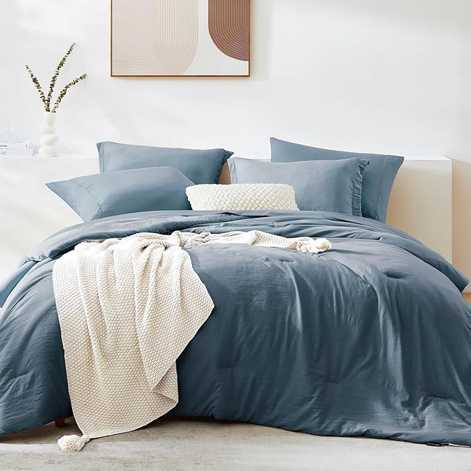 WRENSONGE King Size Comforter Set- 7 Pieces Soft Oxford Blue Bed in a Bag King with Fitted Sheet, Flat Sheet, 2 Pillow Shams, and 2 Pillowcases-Warm King Bedding Set for All Season