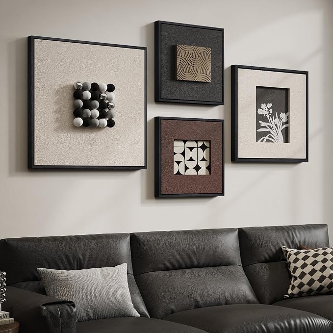 Large Framed 3D Modern Wall Art Decor for Living Room, 4 Piece Black and White Geometric Artwork for Walls, Minimalist Textured Paintings Wall Decor for Dining Room, Hallway, Bedroom