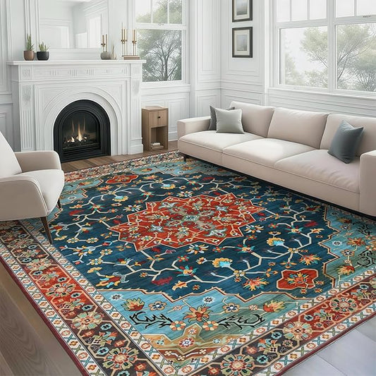 WILLSUN Washable Area Rugs, 9x12 Non-Slip Boho Large Area Rugs for Living Room, Bedroom, Machine Washable Vintage Rug, Indoor Floral Print Carpet for Home Decor, Kid & Pet Friendly Mat