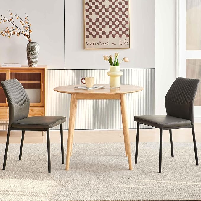 Dining Chairs Set of 2, PU Leather Dining Room Chairs, Comfortable Upholstered Kitchen Chair with Black Metal Legs for Living Room, Dining Room, Dark Grey