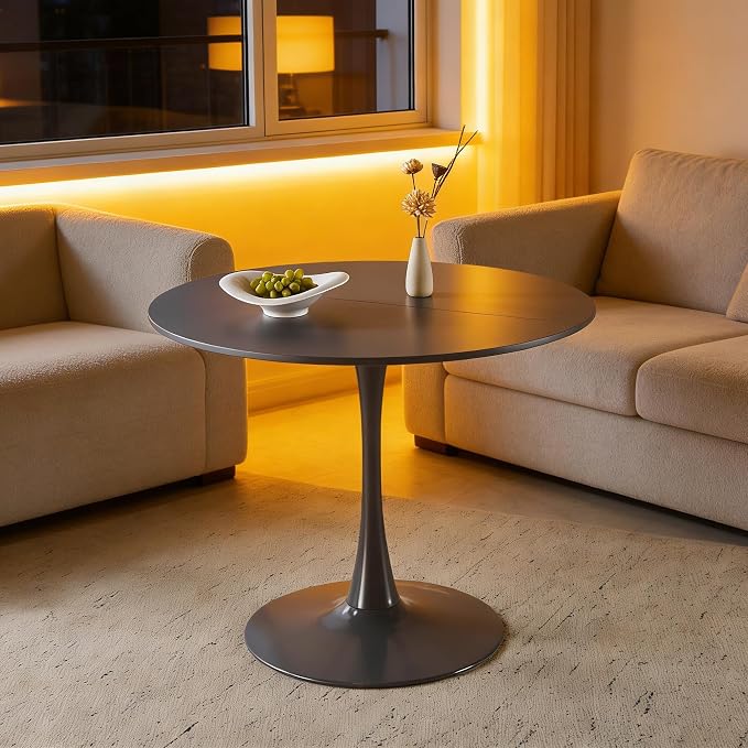 42 Inch Grey Round Tulip Table, Mid-Century Modern Tulip Kitchen Dining Table with Pedestal Base for Small Spaces, Cafe & Office
