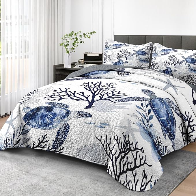 Pamnest Quilt Set Full/Queen Size, Ocean Sea Coral 3 Pcs Soft Bed Cover Bedding Set for Kids and Adults, Blue Animal Turtle Lightweight Bedspread Coverlet with Pillow Sham for All Season