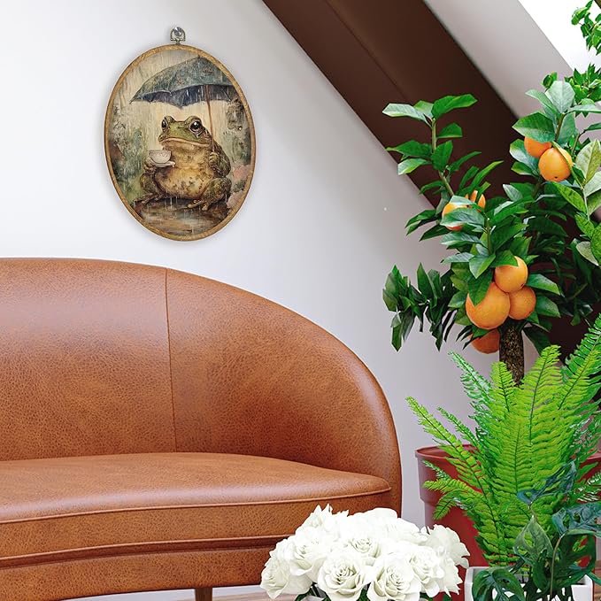 CGBHW Vintage Frog Oval Wall Art Decor, Cottagecore Farmhouse Frog Canvas Prints Framed, Whimsical Floral Botanical Rainy Day Animal Wall Art Hanging Decor for Home Bedroom Living Room, 8.6x11.4 Inch