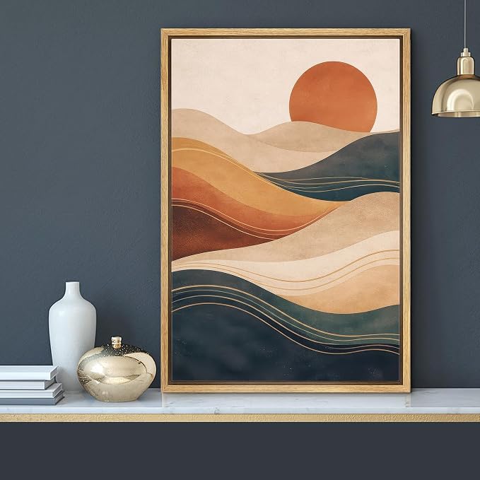 MUDECOR Framed Canvas Print Wall Art Modern Abstract Desert Sun and Flowing Waves Illustrations Minimalism Decorative Bohemian Zen for Living Room, Bedroom, Office - 16"x24" NATURAL