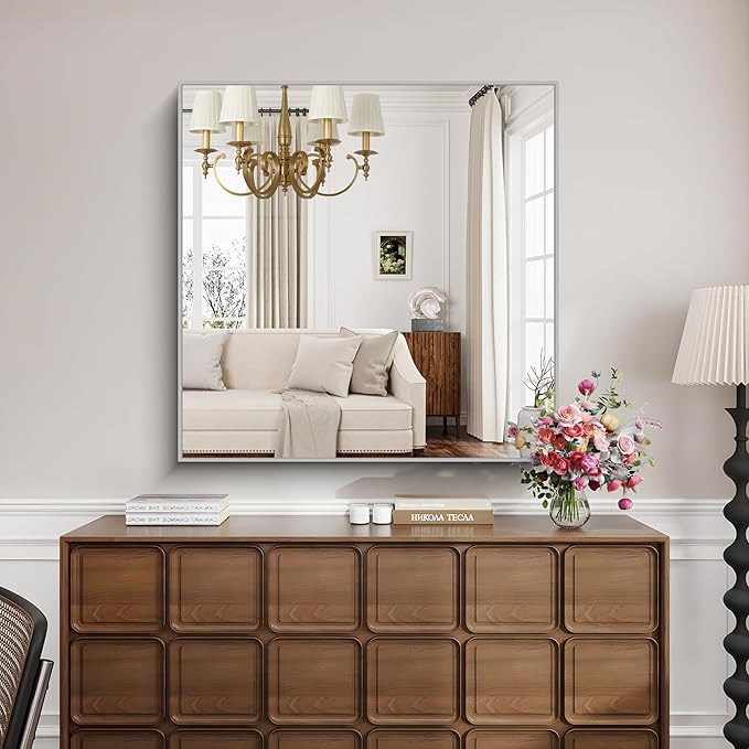 KOCUUY Silver Mirror, 42"x42" Square Bathroom Mirror for Wall, HD Tempered Glass, Anti-Rust Frame, Modern Design for Bathroom, Bedroom, Living Room, Entryway