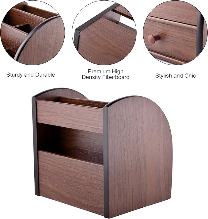 Siveit Wooden Desktop Organizer with Drawer, Multifunctional Office Supply Storage - Remote Control Caddy Holder
