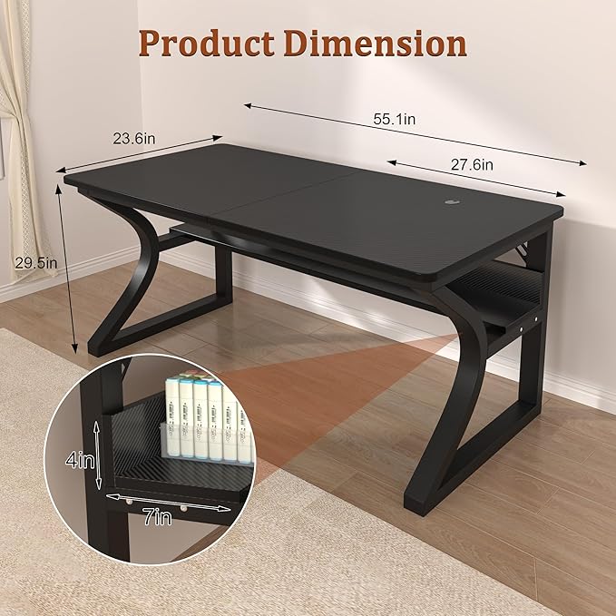 AZN Computer Desk, 55x24 in Computer Desk, Office Desk w/Storage & U-Size Metal Frame for Home Office Bedroom Gaming, Office Desk w/Water-Resistant, Scratchproof Surface, Carbon Fiber Black