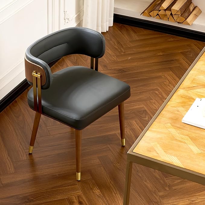 Modern Upholstered Leather Dining Chairs with High-Resilience Foam Cushion, Walnut Wood Veneer&Gold Metal Legs, 22Lx20.5Wx28.3H Inches, Anti-Slip Kitchen Chairs for Dining Room,Black