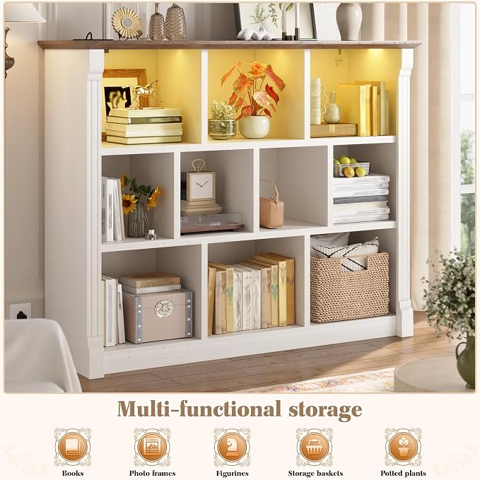 EnHomee 10 Cube Storage Organizer, Bookshelf with LED Light and Charging Station, 3 Tier Display Shelf,Stprage Bookcase for Living Room, Home Office, Warm White