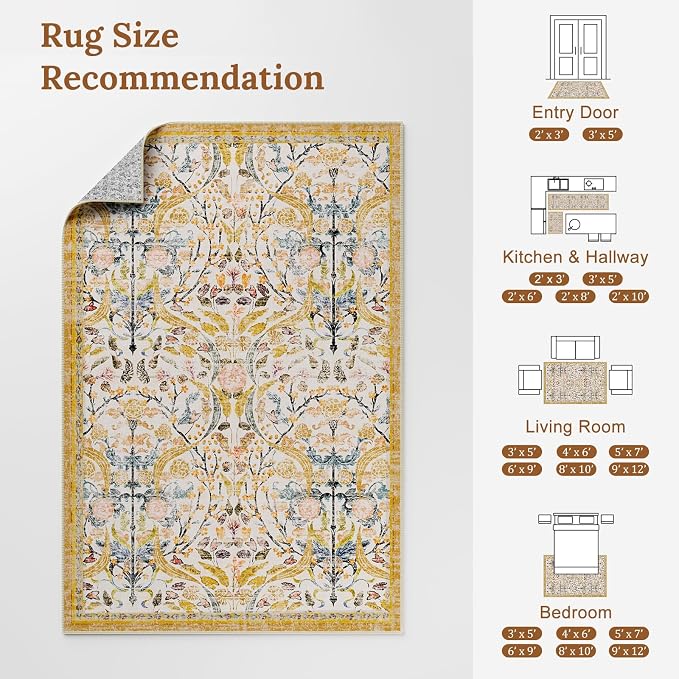 AMTOVO 2.7x8 Runner Entryway Rug for Hallway, Washable Non-Slip Long Kitchen Carpet, Floral Vintage Distressed Floor Mat for Hallways Bathroom Laundry Room Farmhouse, Golden Yellow