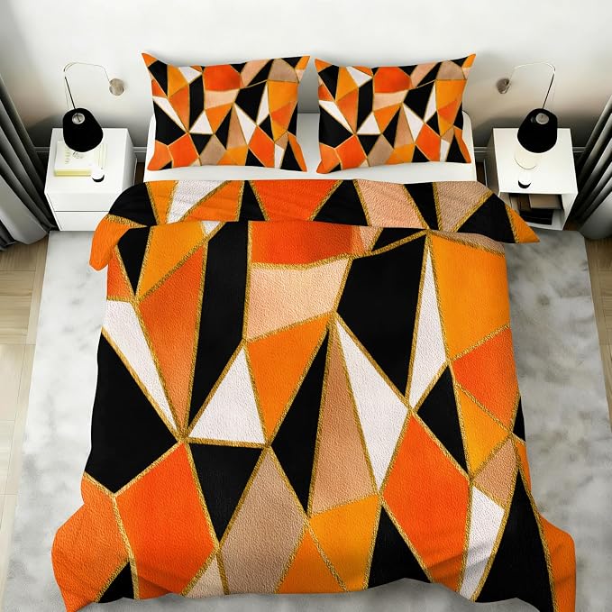 Geometric Marble Duvet Cover Full Size, Abstract Marble Texture Bedding Set 3 Piece, Modern Black Orange Brown Patterned Comforter Cover with Zipper Soft Microfiber, 2 Pillowcases