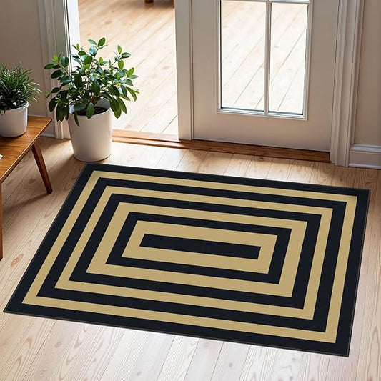 Front Door Mat Outside Entrance - 2x3 Modern Non-Slip Washable Doormat Indoor Outdoor Entrance Black Tan Geometric Bordered Rug Small Throw Rugs for Entryway Bedroom Kitchen Front Porch Decor