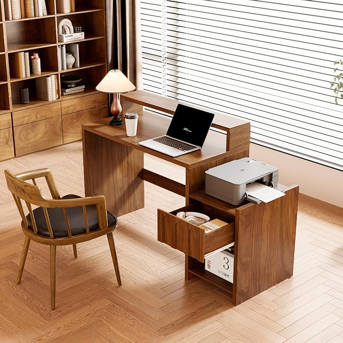 60 Inch Executive Desk with Drawer, Farmhouse Home Office Desk with Printer Shelf, Mid Century Modern Walnut Computer Desk Work Table, Monitor Shelf, Charging Station, for Study, Living Room, Brown