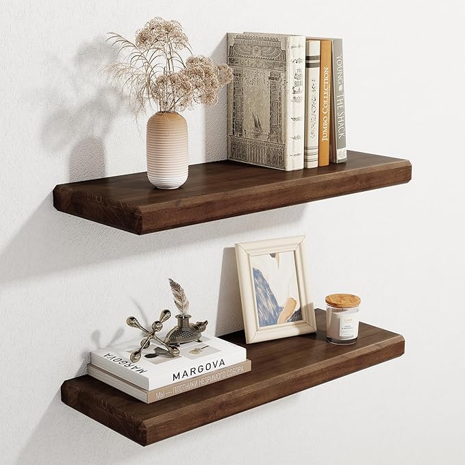 Axeman 24Inch Natural Wood Floating Shelves for Wall|Rustic Wooden Shelves for Bedroom Kitchen Bathroom|Storage Shelf with Invisible Bracket for Wall Mounted|Set of 2|Walnut Color