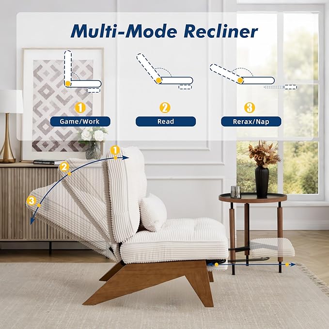 Accent Chair with Ottoman Adjustable Backrest, Stripe Living Room Chair Indoor Lounge Chair with Build-in Footrest Set, Modern Chair Cozy Reclining Chair for Reading Room, White