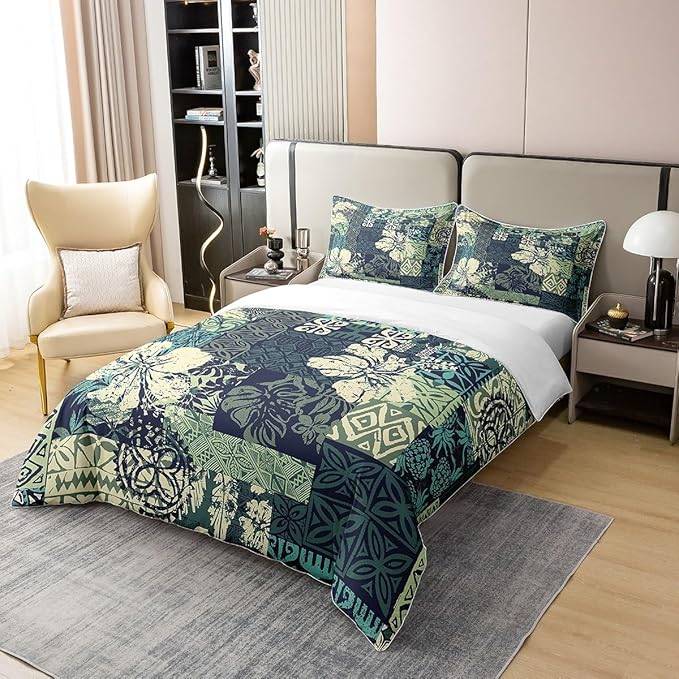 100% Natural Cotton Boho Floral Duvet Cover Full Exotic Leaves Bedding Set Bohemian Religious Indian Comforter Cover Geometric Tribal Stamp Bedroom Decor Green Ethnic Quilt Cover For Kids Boys Girls