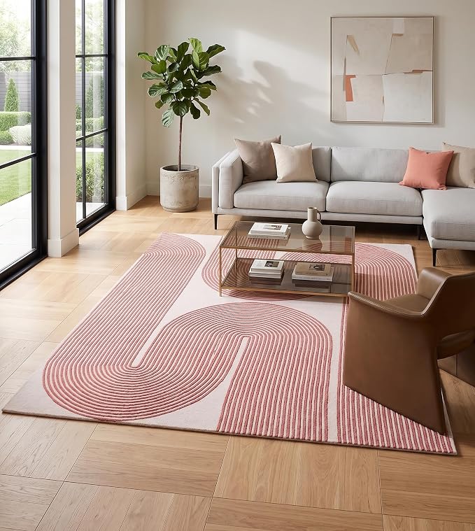 Modern Handmade Wool Area Rug, Abstract Curved Line Geometric Indoor Carpet for Living Room Bedroom, Contemporary Tufted Rug with Soft Pile and Cotton Backing (Dusty Rose, 4' x 6')