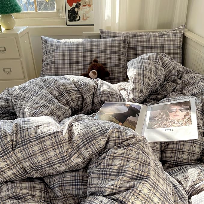 mixinni Twin XL Duvet Cover Set - 3 Piece Vintage Buffalo Plaid Bedding, 100% Washed Cotton Duvet Cover with 2 Pillowcases, Soft & Breathable Navy Beige White Geometric Grid Pattern for All Seasons