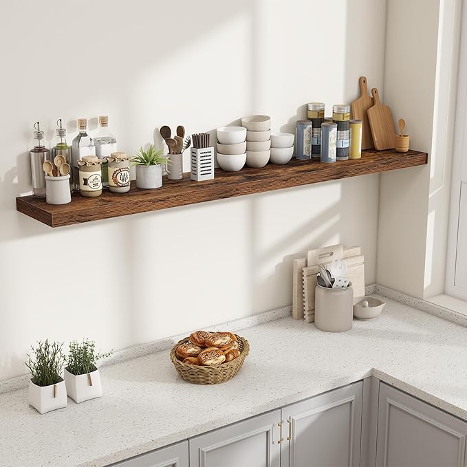 Fun Memories 72 Inch Fireplace Mantel Shelf, 10 Inch Deep Shelves for Display & Wall Storage, Rustic Wood Wall Shelf, Extra Long Floating Shelves for Living Room Laundry Room, Rustic Brown, Set of 1