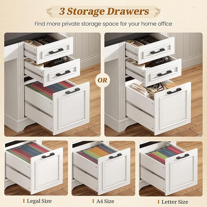SEDETA Farmhouse Computer Desk with Hutch and 3 Drawers, 47.2" Executive Office Desk with Storage Drawers, Wood Desk with Power Outlet for Home Office, White