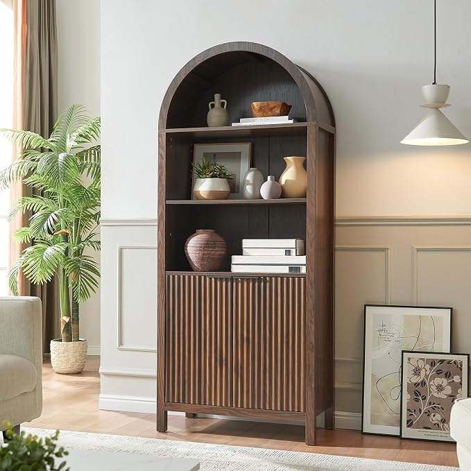 Arched Cabinet Bookshelf Bookcase - 71” Tall Mid Century Arched Display Cabinets, Rounded Bookshelf with Fluted Doors, Open Shelf Storage Cabinet for Dining Room (Walnut)