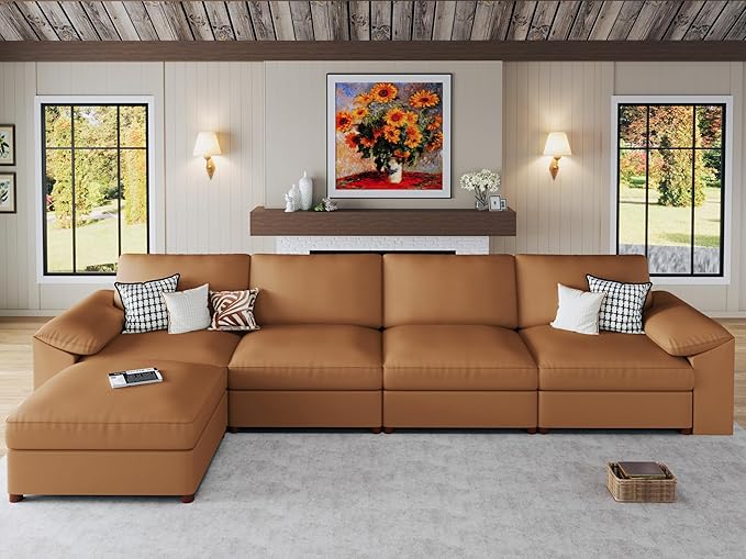 EASE MOOSE Leather Sectional Sofa,Modern Deep Seat Faux Leather Sectional,Extra Large L Shaped Couch,Oversized Modular Sofa,Comfy Scratch Resistant Material，Brown