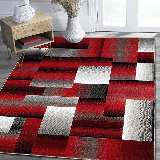 HR 8’ x 10’ Rug in Red - Premium Quality Red/Black/Gray Abstract Geometric Modern Squares Pattern Area Rug - Contemporary Styling for Living Room, Bedroom - Unique Home Décor