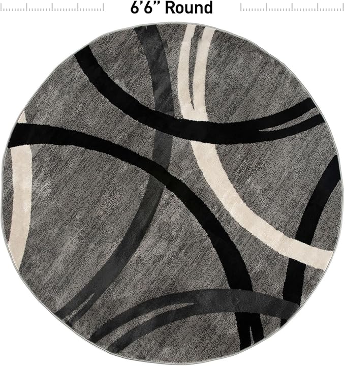 Rugshop Wavy Circles Design Round Rug, Carpet with Jute Backing for Living Room, Office, or Bedroom, Gray, 6'6" Round