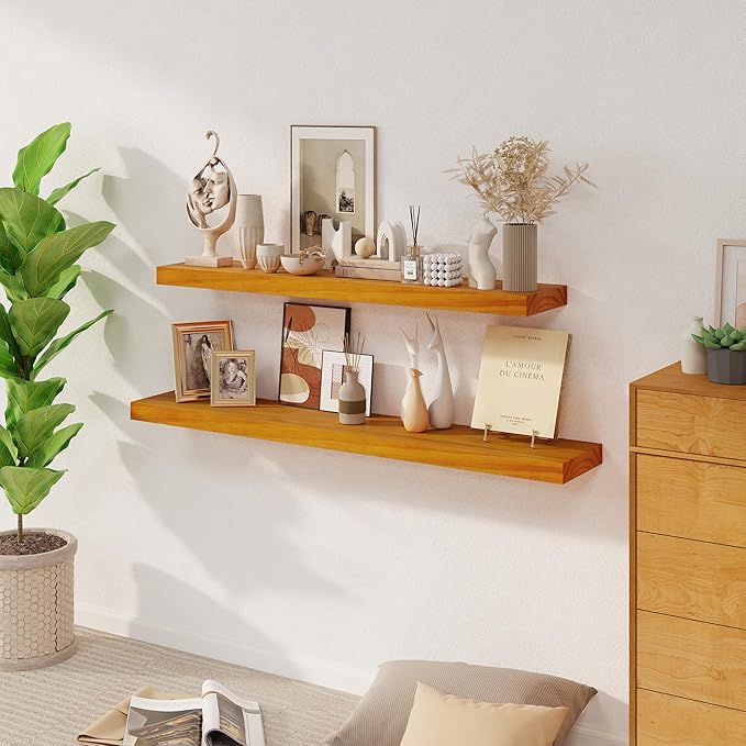 Fun Memories Floating Shelves, 9.3 Inch Deep Solid Pine Wood Wall Shelves for Storage, Rustic Wall Mounted Display Shelf with Invisible Heavy-Duty Metal Bracket, 55 Inch Width, Honey Oak