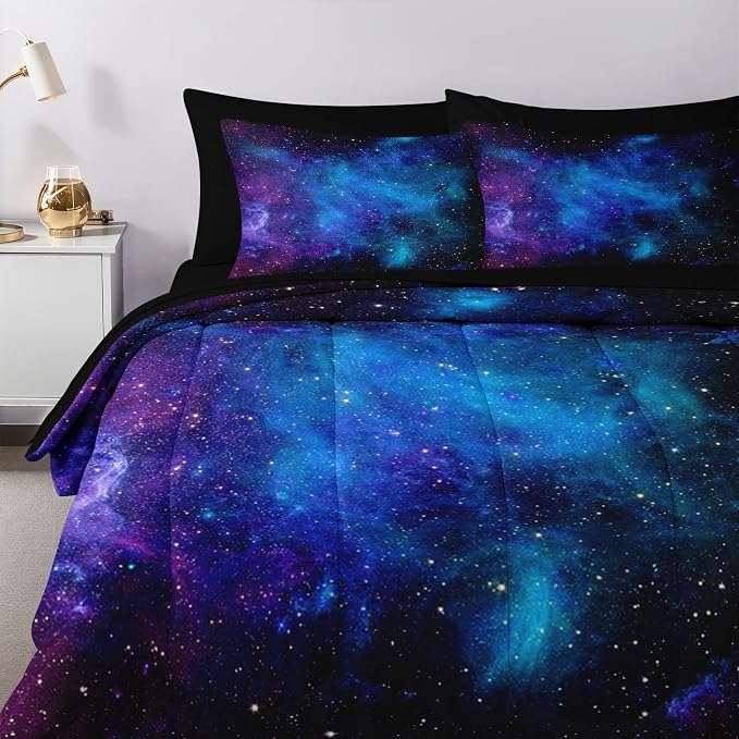 Nesker Comforter Set Twin Size, Galaxy Star Purple Retro 5 Pcs Bedding for Kids and Adults, Science Space Night Sky Bed Sheet Sets with Fitted Sheet Pillowcase & Sham