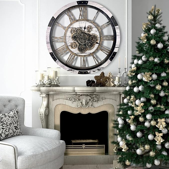 DORBOKER 27 Inch Large Wall Clock Farmhouse Wooden Clock with Moving Gears HD Toughened Glass Cover, Oversized Industrial Steampunk Rustic Wall Clock for Living Room Decor Home Kitchen Office (White)